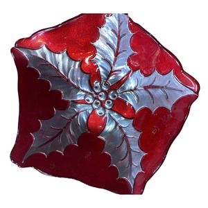 Unbranded Poinsettia Glass Bowl Red & Silver Candy Dish Christmas Home Decor